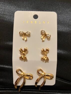 Gold Bow Stud Earrings Trio Set - Women